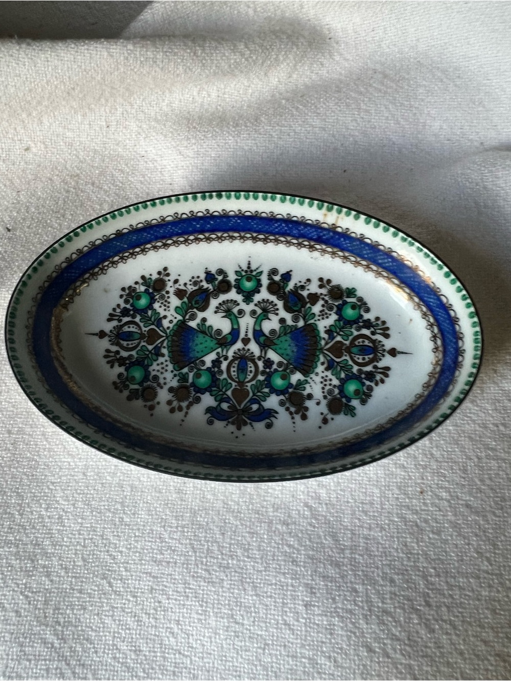 Vintage handmade enamel tray made in Austria double peacock